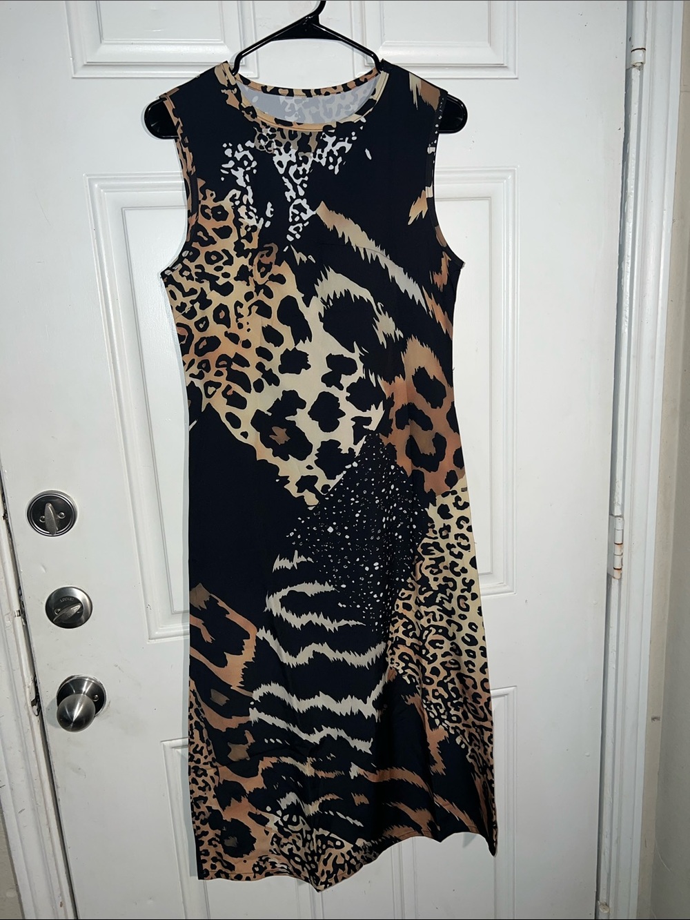 Sleeveless Animal-Print Midi Dress in Black and Brown